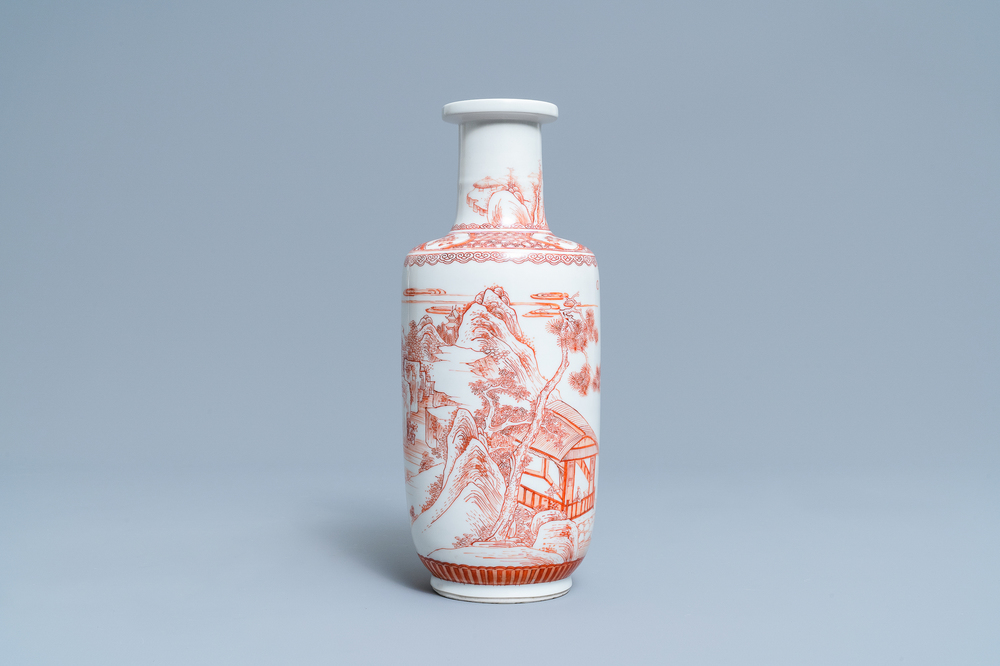 A Chinese iron red rouleau 'landscape' vase, Kangxi
