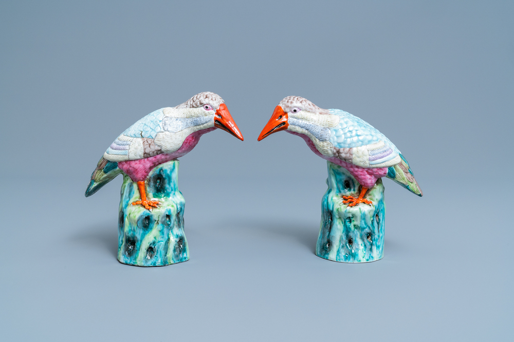 A pair of Chinese famille rose models of kingfishers, Qianlong