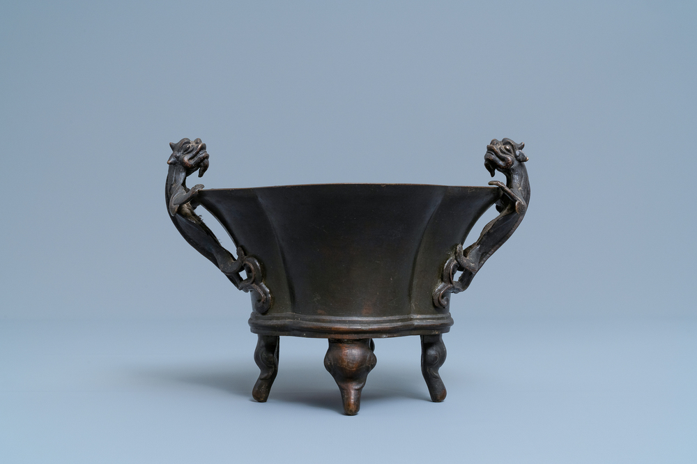 A Chinese chilong-handled bronze censer, Xuande mark, 18th C.