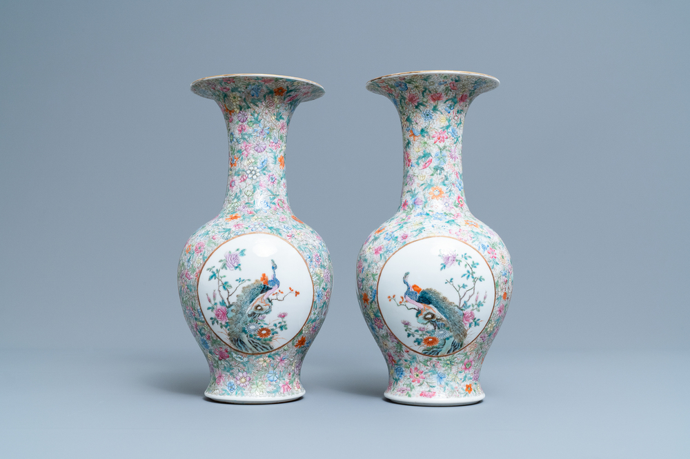 A pair of Chinese famille rose 'millefleurs' vases, Qianlong mark, Republic