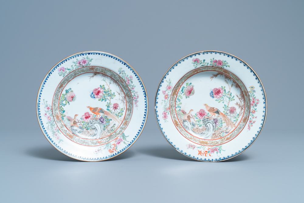 A pair of Chinese famille rose deep plates with pheasants, Yongzheng