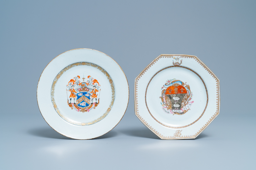 Two Chinese famille rose armorial plates for the English market with the arms of Mackay and Fitler, Qianlong