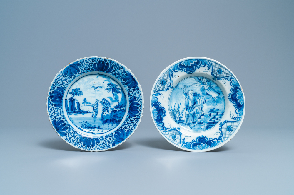 Two Dutch Delft blue and white plates with biblical scenes, 18th C.