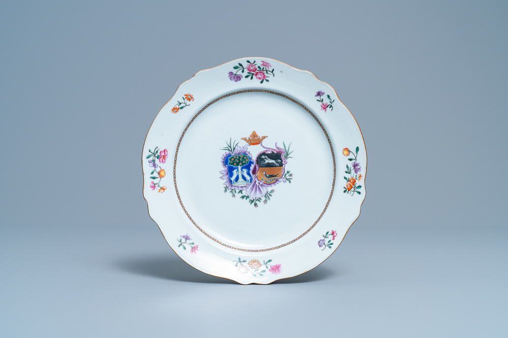 A Chinese famille rose Dutch market dish with the arms of Nauta Beuckens and Swalue accoll&eacute;, Qianlong