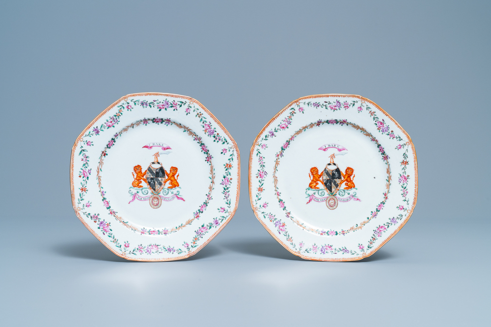 A pair of Chinese famille rose Scottish market plates with the arms of Dalyell of the Binns, Qianlong