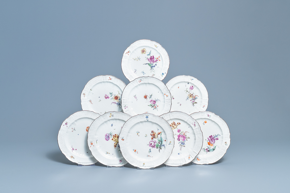 Nine polychrome H&ouml;chst porcelain plates with flowers, Germany, 18th C.