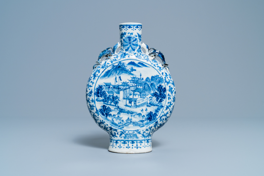 A Chinese blue and white moon flask vase with topographic medallions, 19th C.