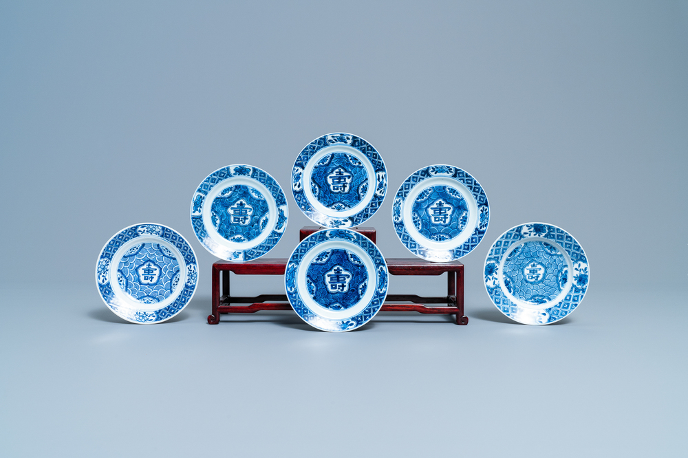 Six Chinese blue and white 'Shou' plates, Chenghua mark, Kangxi