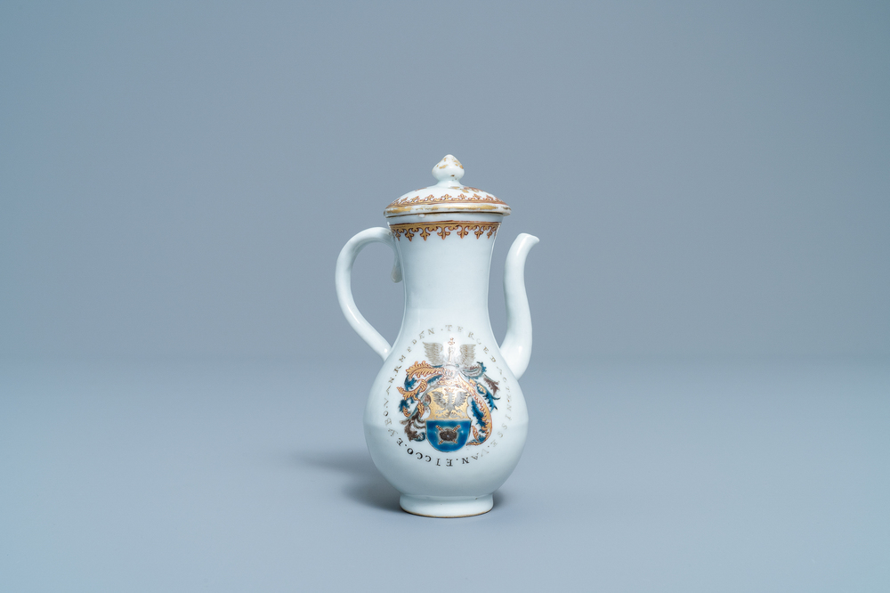 A Chinese Dutch market armorial chocolate jug with the arms of van Rheden, Qianlong