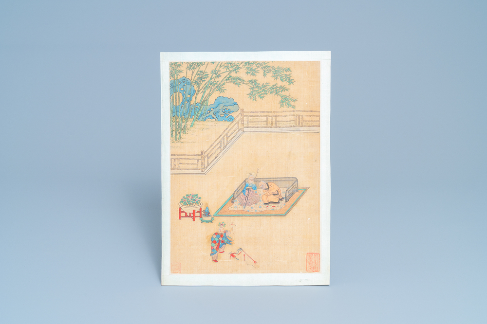 Chinese school, ink and colour on silk, 18/19th C.: 'A jester in front of an elderly couple in a daybed'