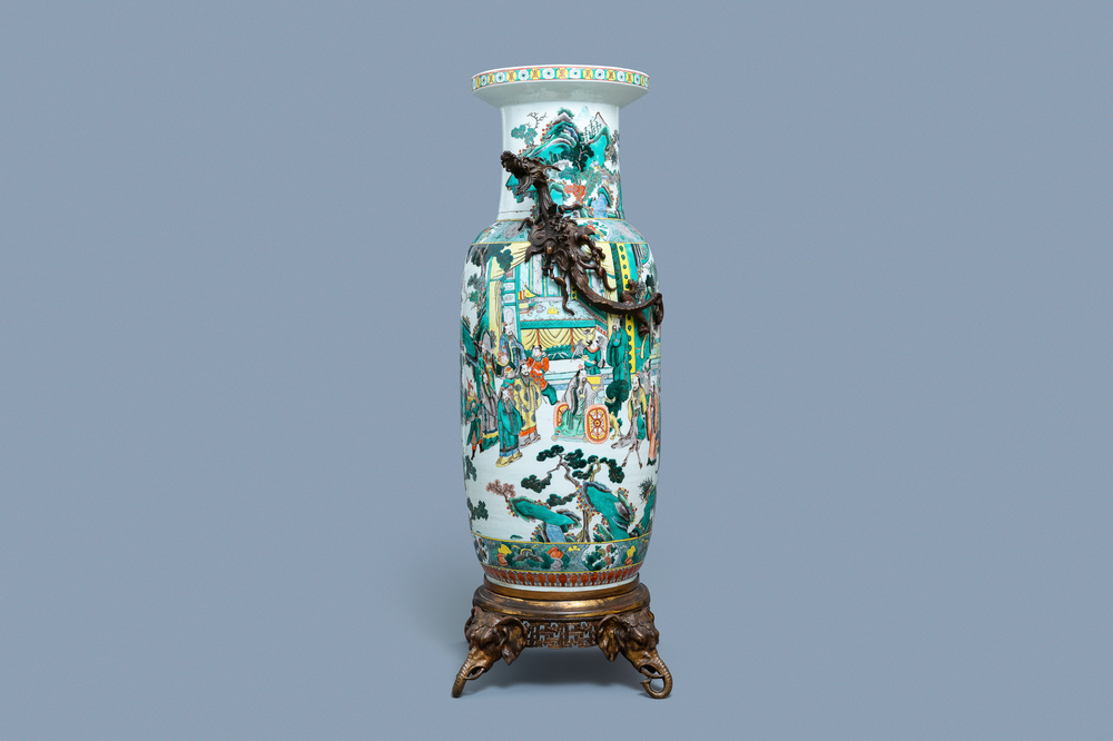 A large gilt bronze-mounted Chinese famille verte rouleau vase, 19th C.