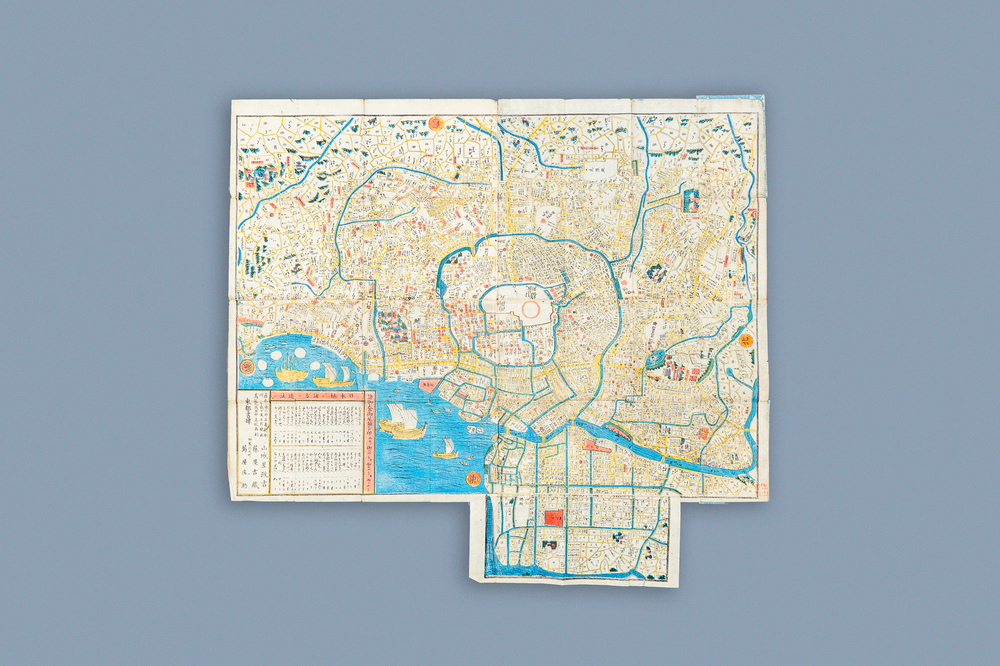 Izumiya Ichibei, Japan, ca. 1844-1848: Een met de hand ingekleurde kaart van de stad Tokio