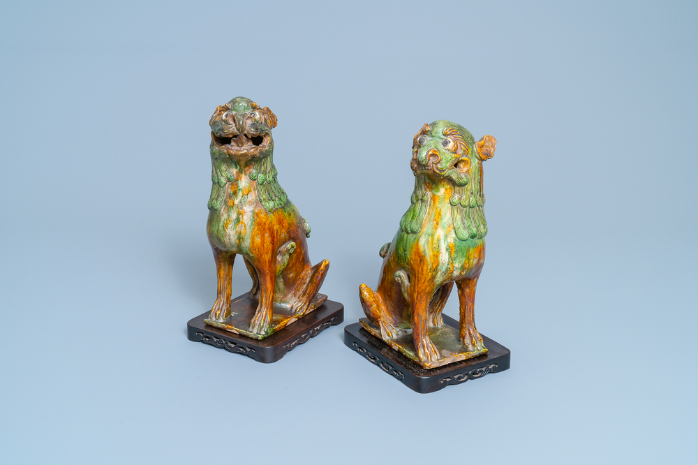 A pair of Chinese sancai-glazed models of temple lions, Ming