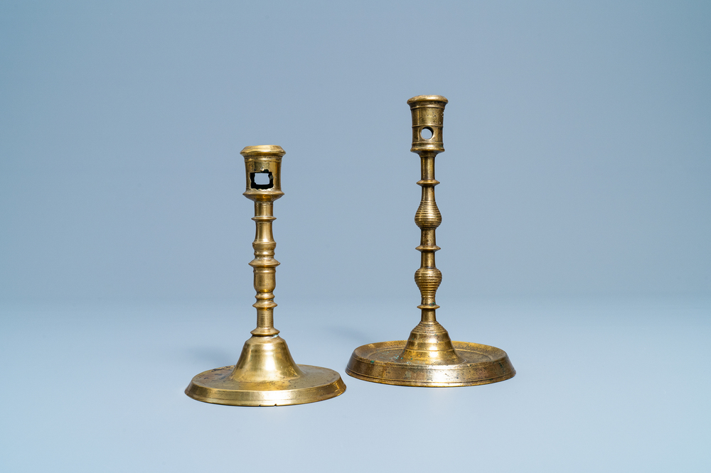 Two Flemish or Dutch knotted bronze candlesticks, 16th C.