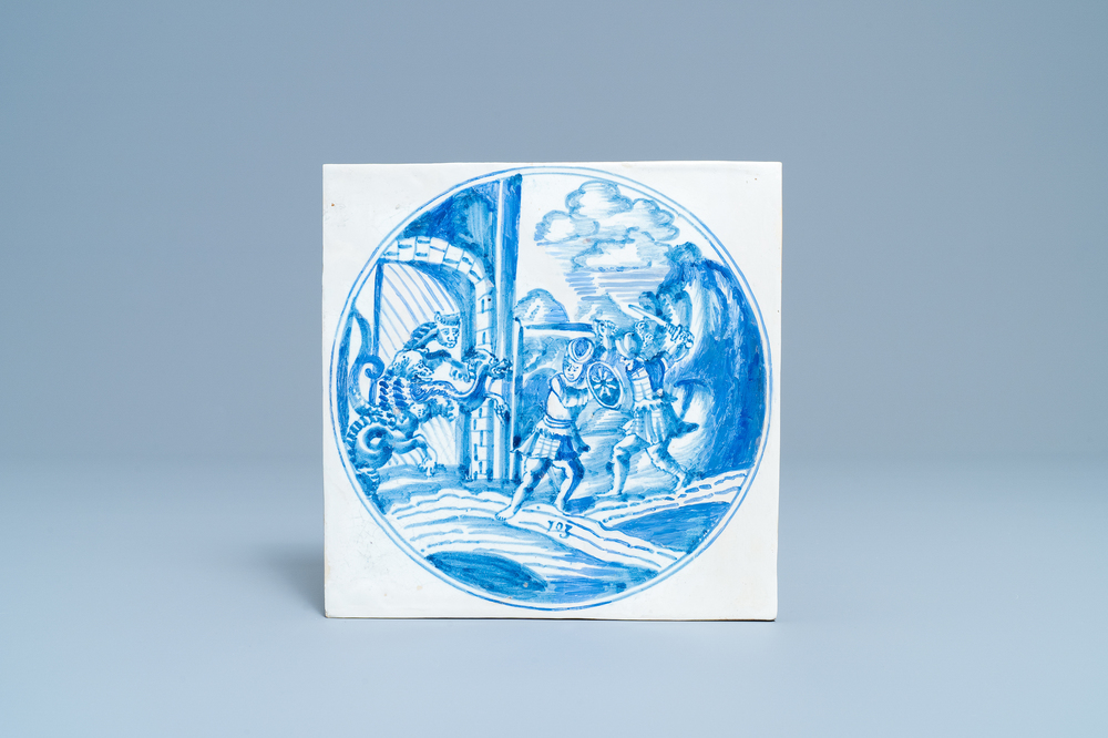 A large blue and white mythological tile, Harlingen, 18th C.