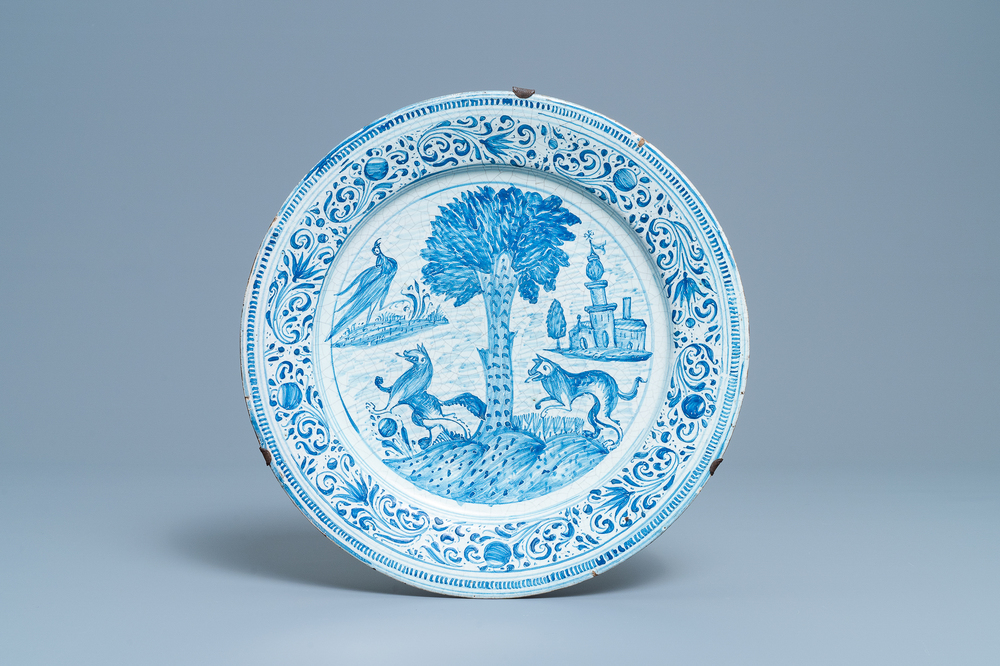 A blue and white dish with animals around a tree, Laterza, Italy, 18th C.
