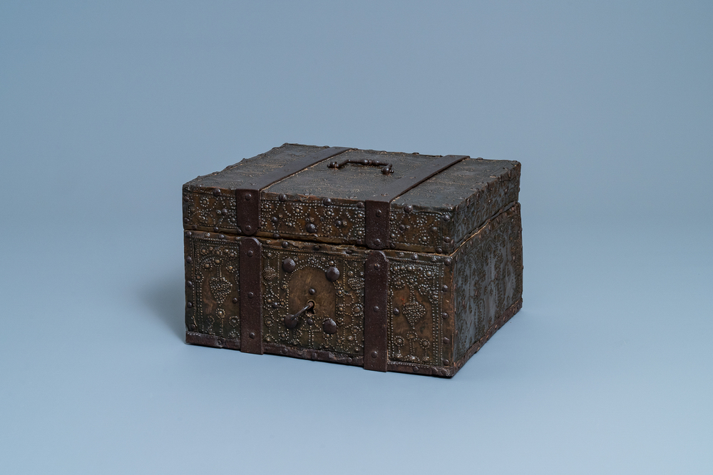 A brass and iron-mounted wooden casket, Germany, 17/18th C.