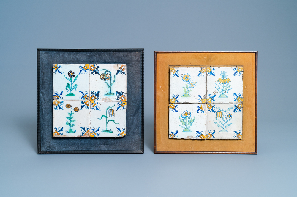 Huit carreaux en fa&iuml;ence de Delft polychrome &agrave; d&eacute;cor de fleurs et d'un papillon, 1&egrave;re moiti&eacute; du 17&egrave;me