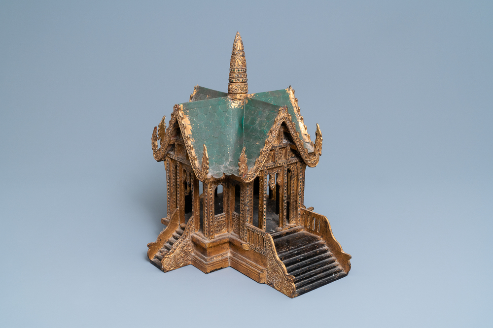 A parcel-gilt carved wood miniature temple, Thailand, 19/20th C.