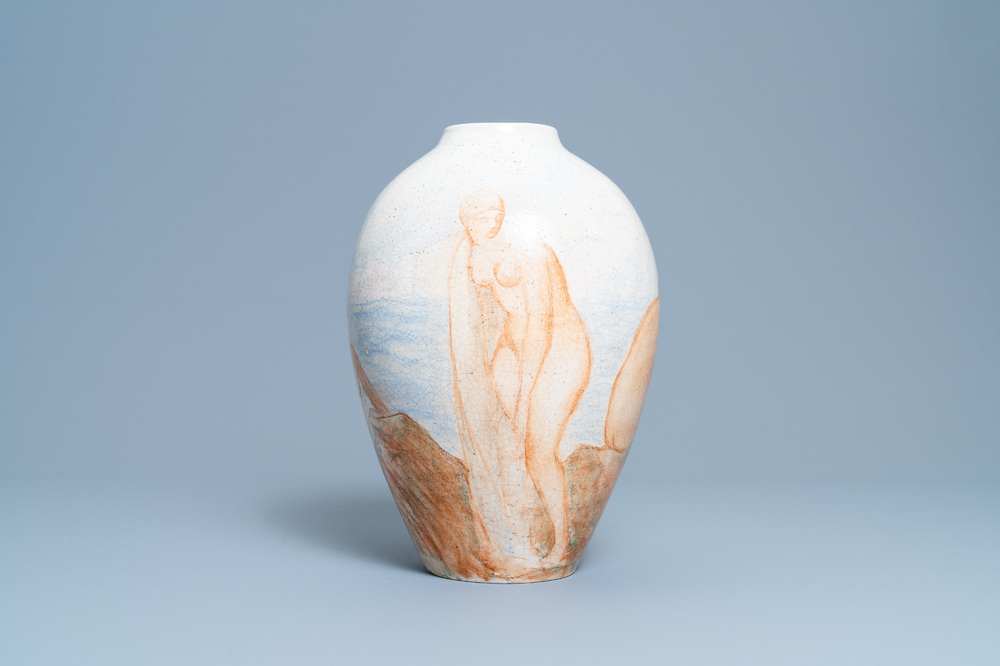 An art deco vase with bathing females, F&eacute;lix-Pascal F&eacute;vola for Lachenal, France, ca. 1930