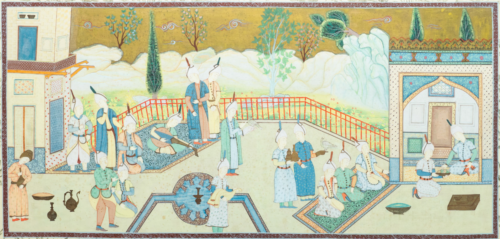 Ecole safavide, Iran, 19/20&egrave;me, huile et encre sur toile: 'Une vue d'une c&eacute;r&eacute;monie &agrave; la cour'