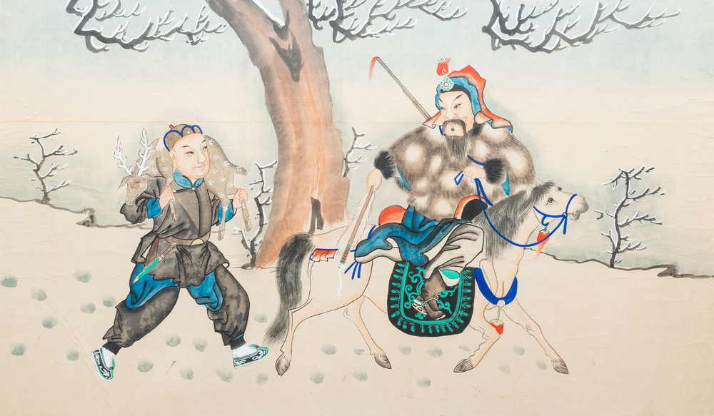 Chinese school, inkt en kleur op papier, 19/20e eeuw: 'Twee jachtsc&egrave;nes met paarden'