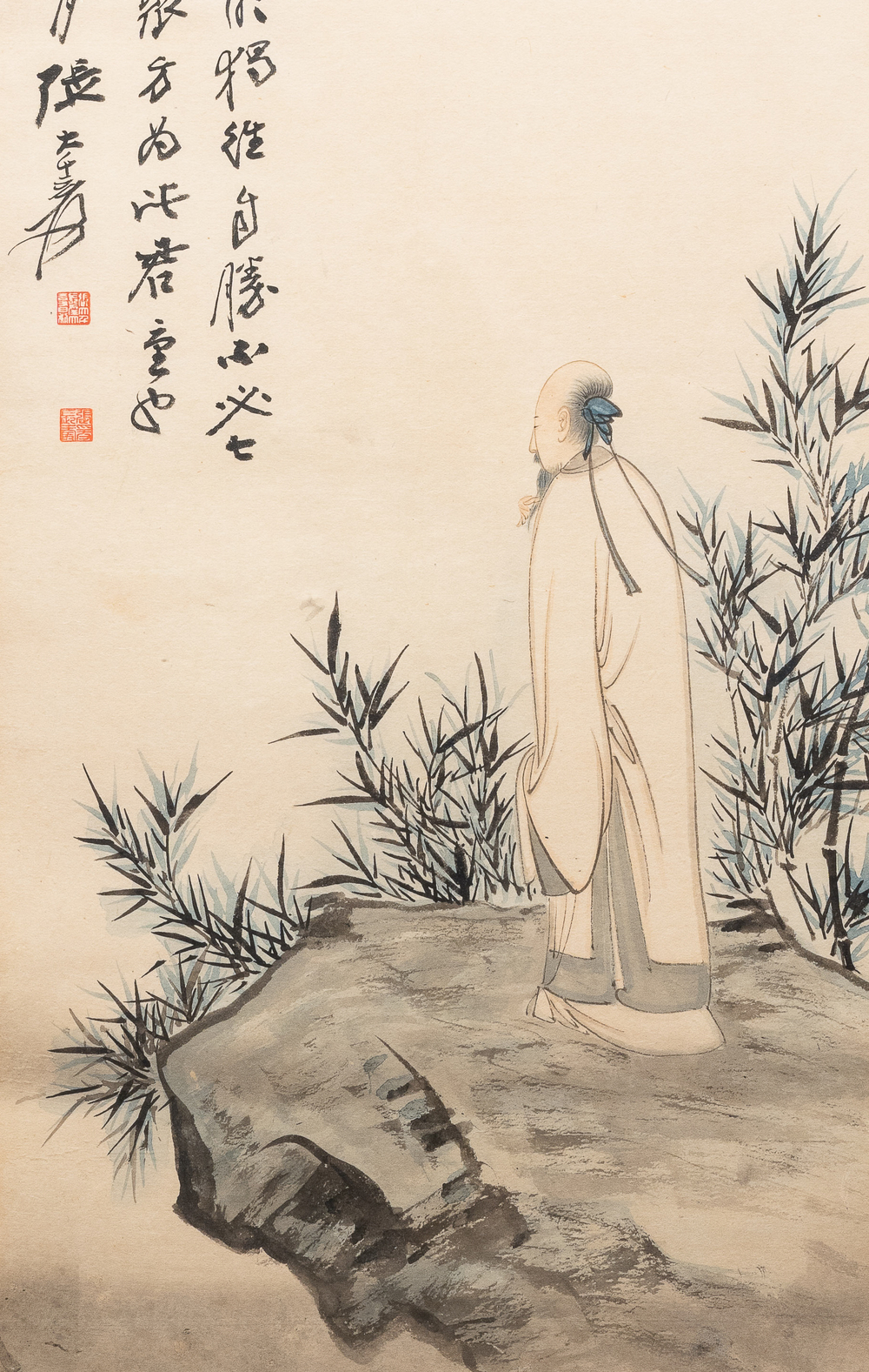 Zhang Daqian (1899-1983), encre et couleurs sur papier, dat&eacute; 1949: 'Parmi les bambous'
