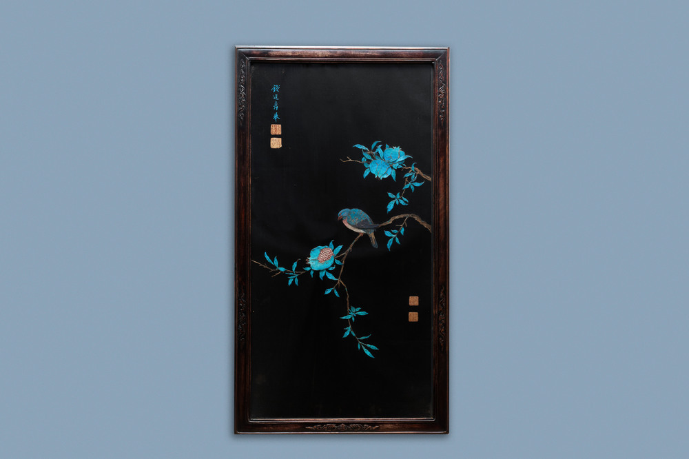 A Chinese black silk-ground panel with a kingfisher feather collage of a bird with pomegranates, 18/19th C.