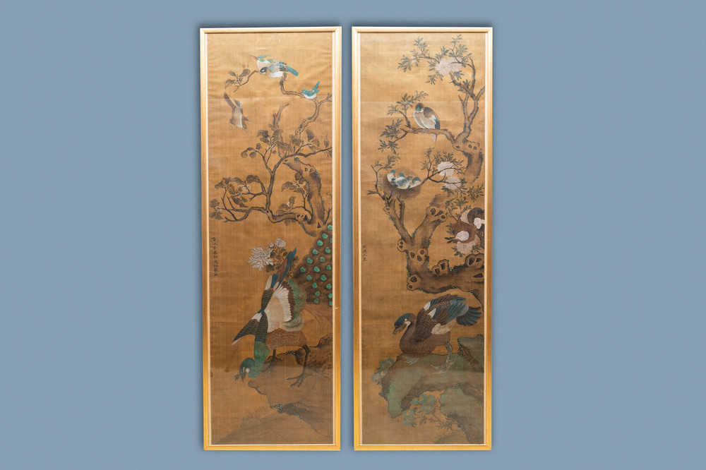 Shen Quan (1682-1762), ink and colour on silk, 18th C.: 'Two  scenes with birds'