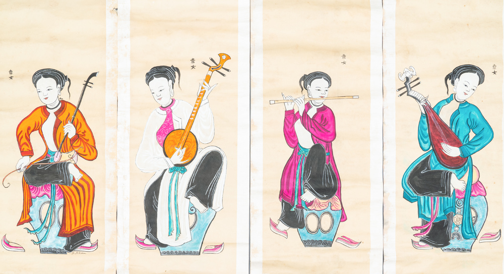 D. Khi&ecirc;m (Vietnam?), estampes rehauss&eacute;es d'encre et de couleurs: 'Quatre musiciennes'