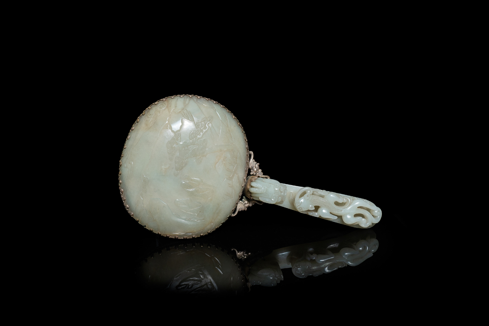 A large Chinese jade and silver hand mirror, Qing