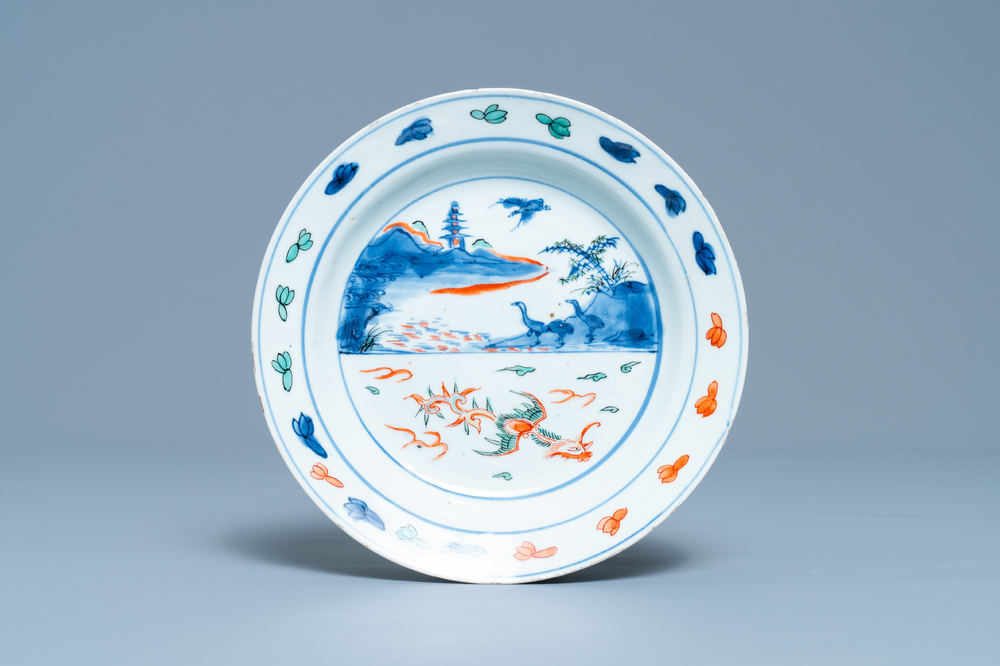 A Chinese wucai ko-sometsuke 'phoenix' plate, Transitional period