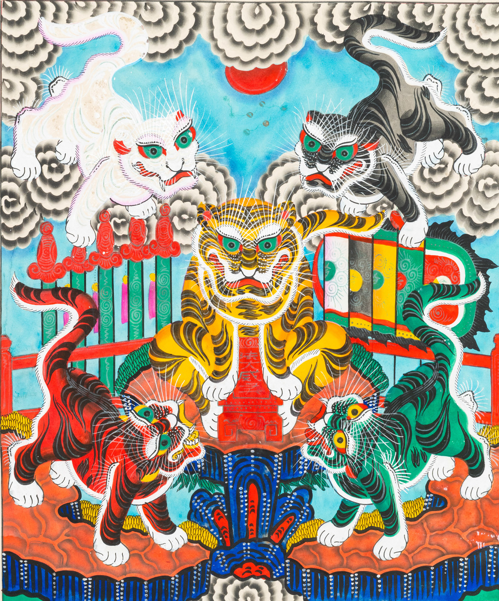 Vietnamese school, inkt en kleur op papier, 19/20e eeuw: 'Een paar werken met vijf tijgers'