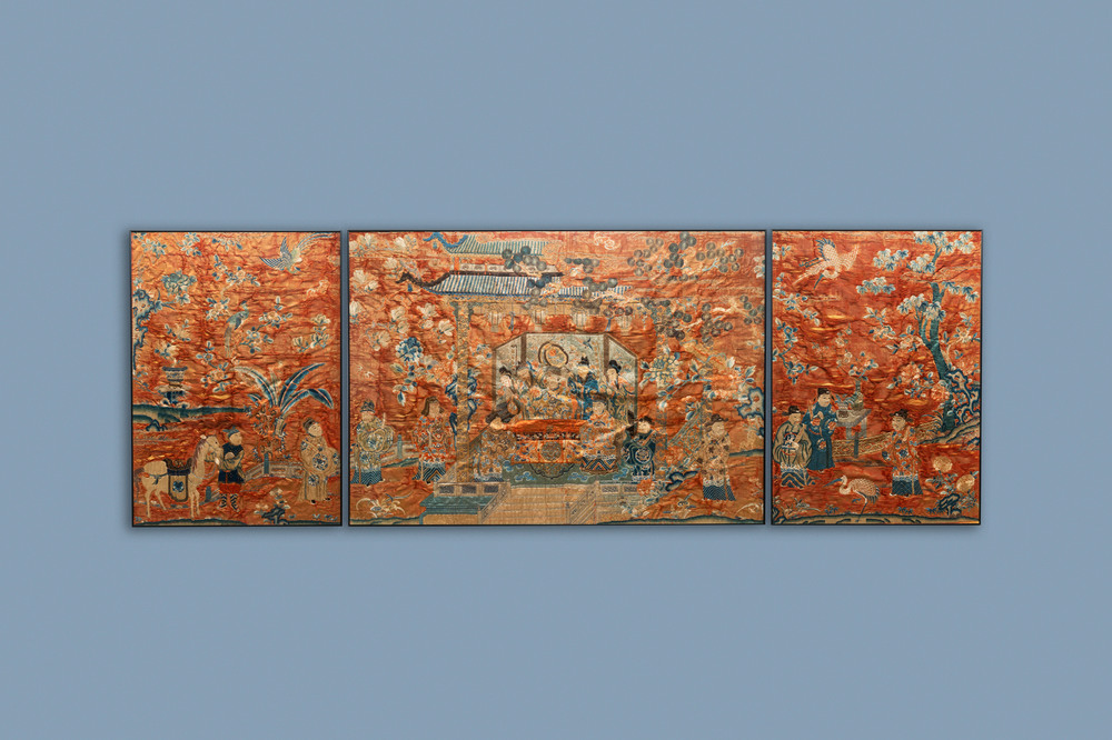 Three Chinese embroidered silk panels depicting an imperial audience, 19th C.