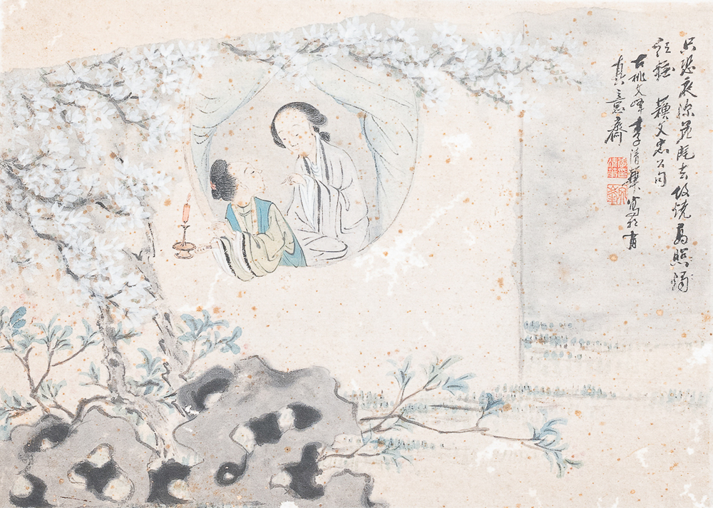 Chinese school, inkt en kleur op papier, Qianlong: 'Twee figuren bij een raam'
