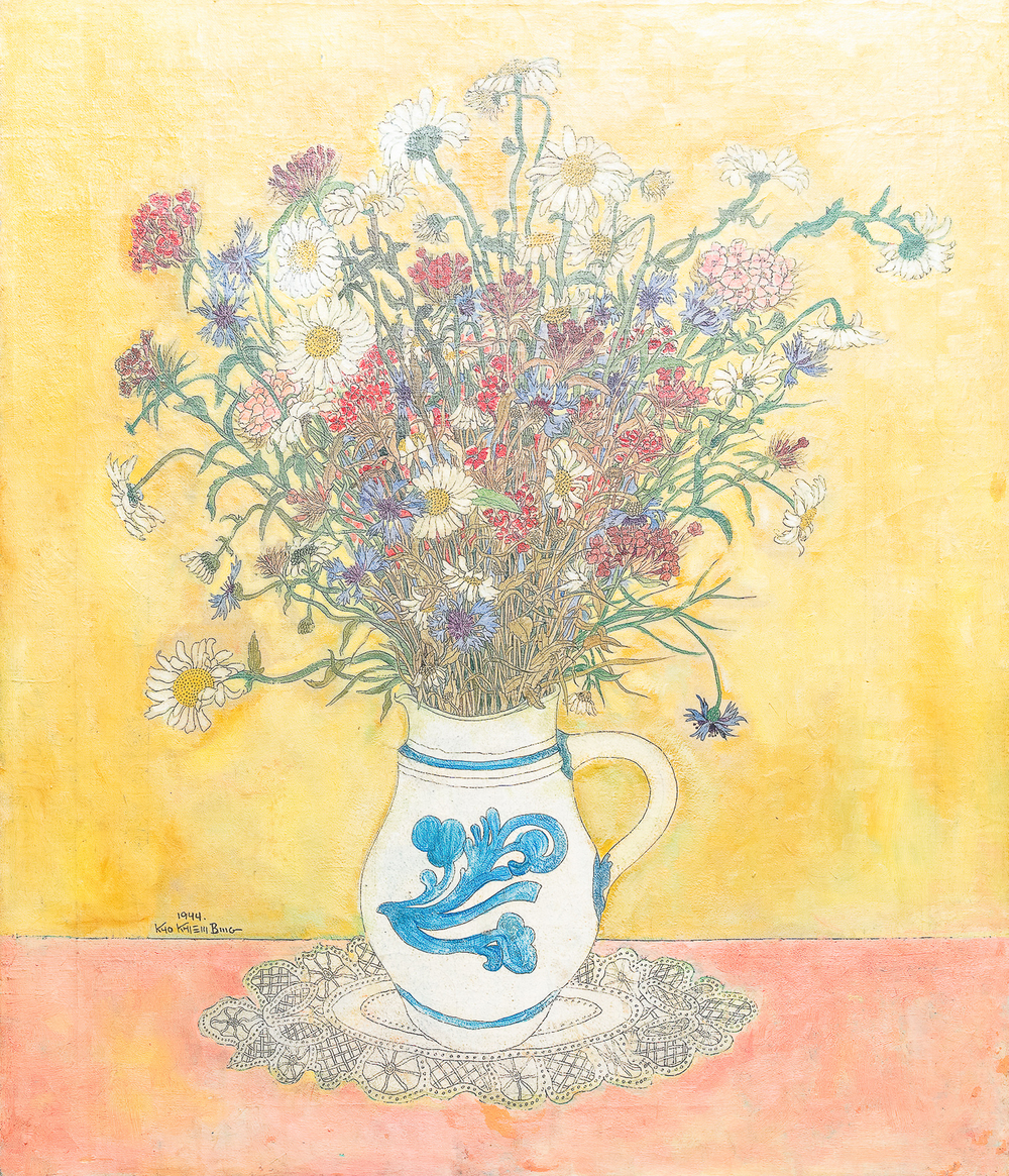 Kho Kiem Bing (Vietnam, 1917-), ink and oil on canvas: A still life of flowers in a Westerwald jug, dated 1944