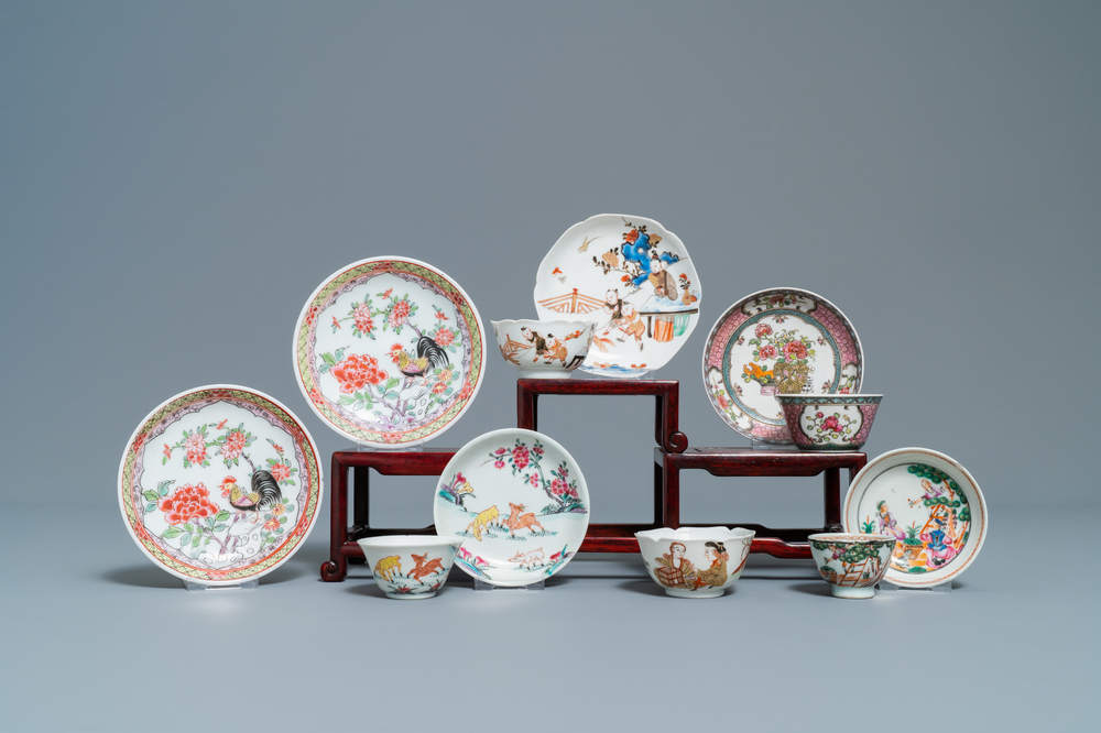 Six soucoupes et cinq tasses en porcelaine de Chine famille rose, Kangxi et apr&egrave;s