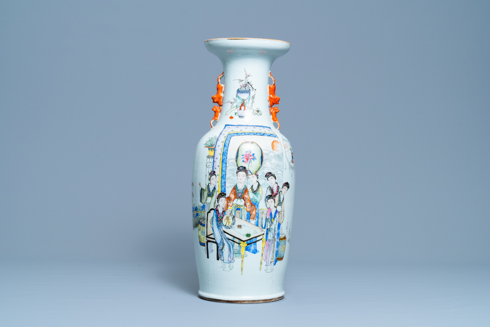 A Chinese qianjiang cai vase with women around a table, signed Yan Bing Jun, dated 1913