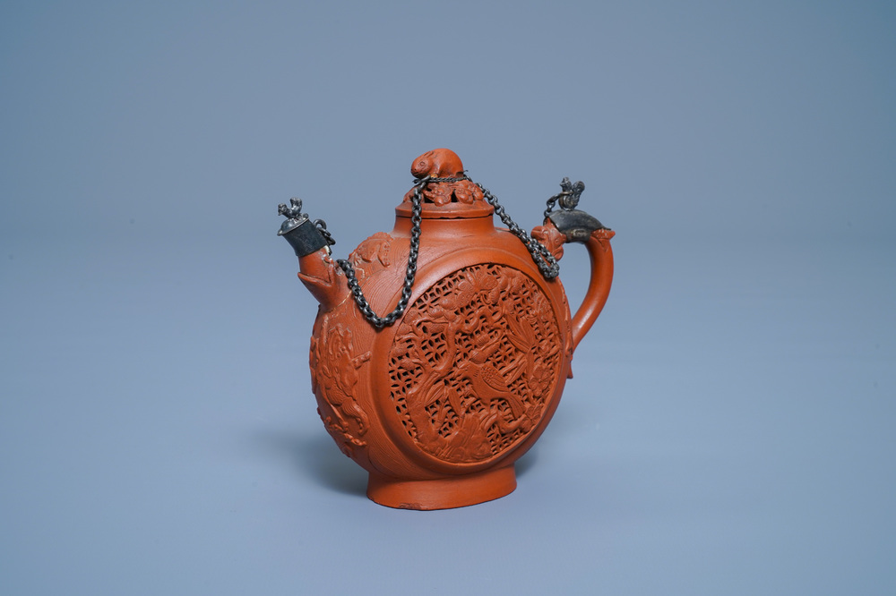 A Chinese silver-mounted reticulated double-walled Yixing stoneware teapot, Kangxi