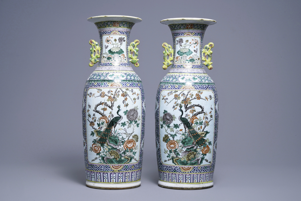 A pair of Chinese famille rose vases with birds among flowers, 19th C.