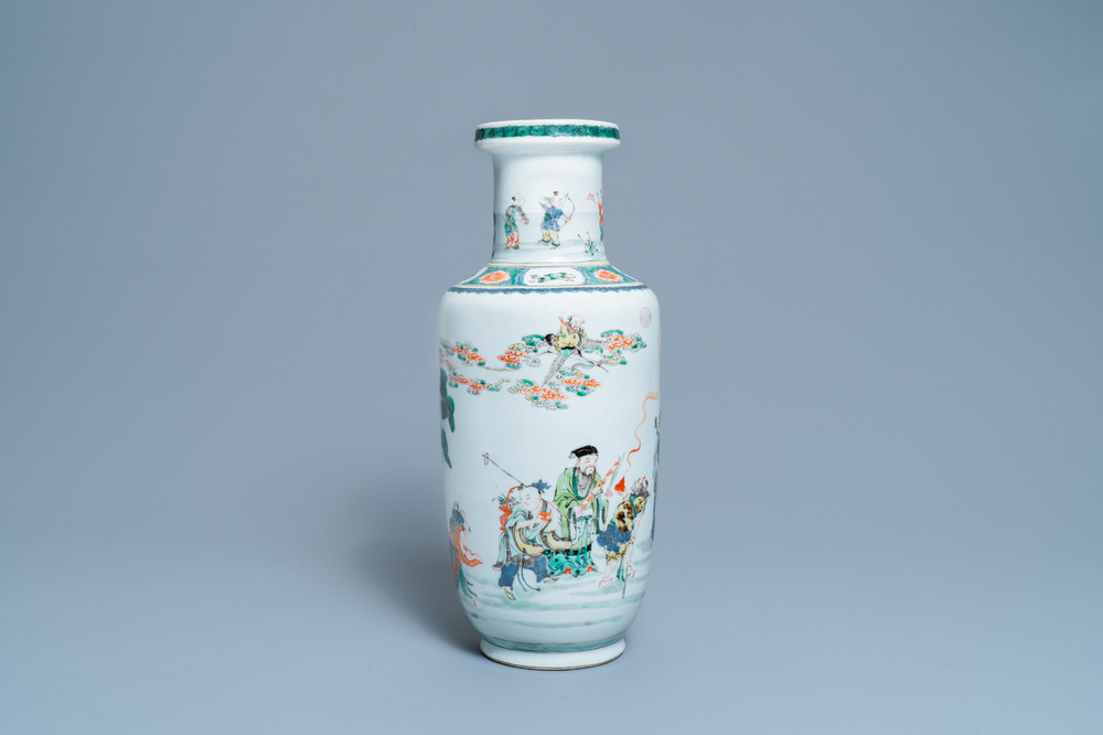 A Chinese famille verte rouleau 'immortals' vase, Kangxi