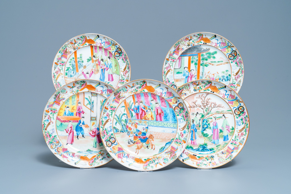 Five Chinese Canton famille rose dishes, 19th C.