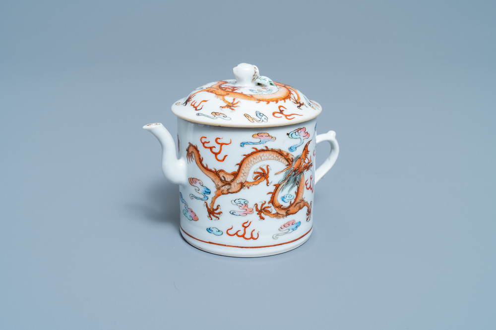 A Chinese famille rose dragon teapot and cover, 19th C.