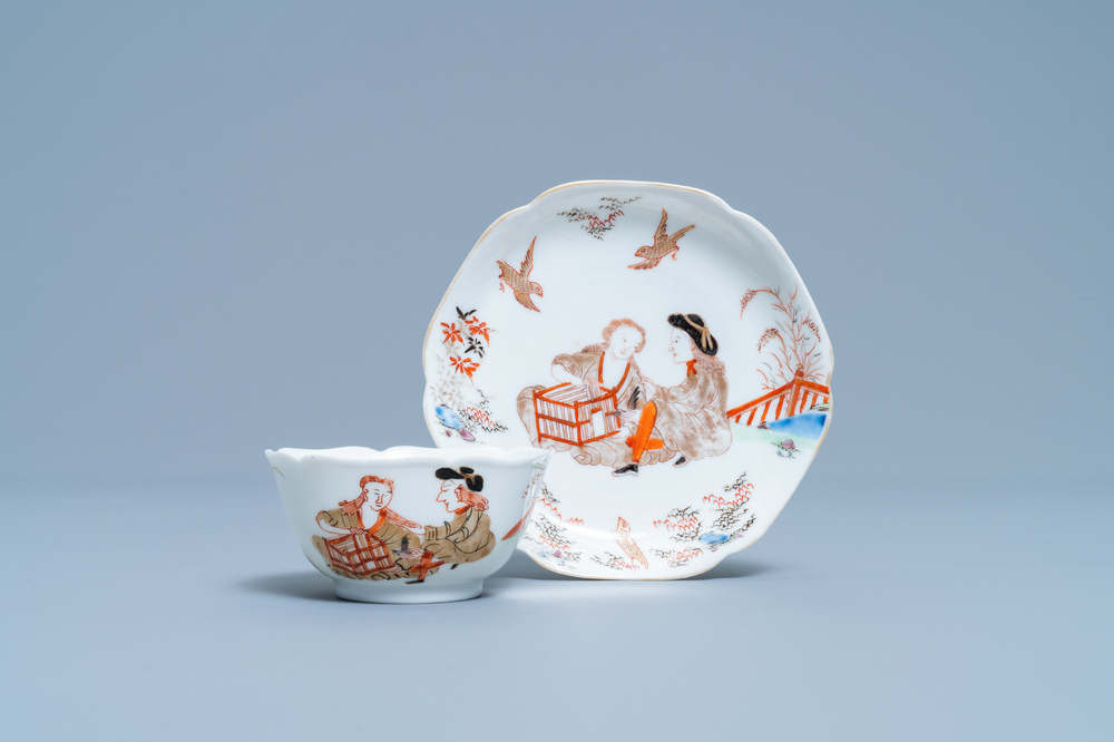 A Chinese cup and saucer with a design after Cornelis Pronk, Yongzheng/Qianlong