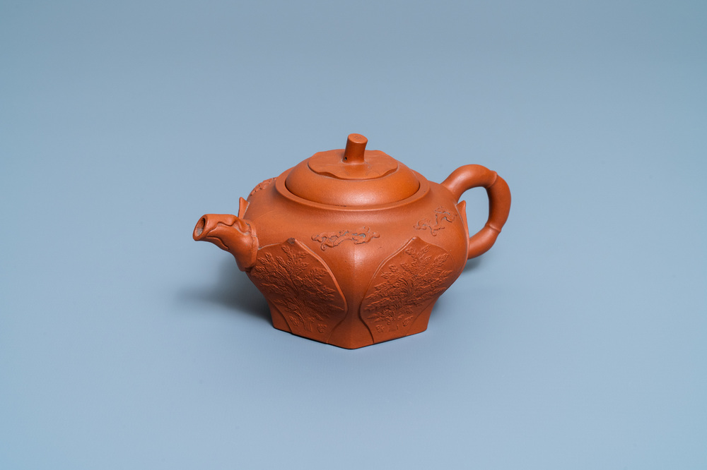 A Chinese Yixing stoneware lotus-shaped teapot and cover, Kangxi