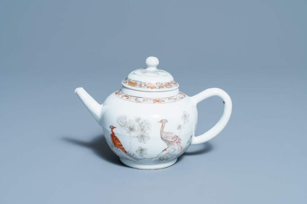 A Chinese grisaille and iron red teapot with fine peacock design, Yongzheng/Qianlong