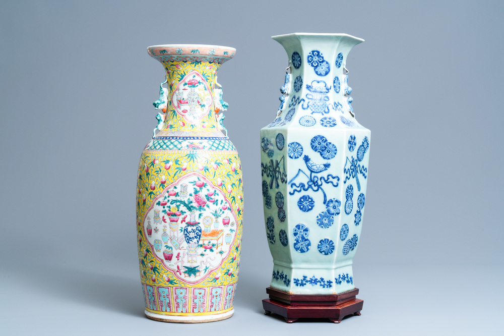 A Chinese hexagonal celadon-ground vase and a yellow-ground famille rose vase, 19th C.