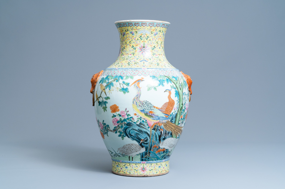 A large Chinese famille rose 'hu' vase with birds, Qianlong mark, Republic
