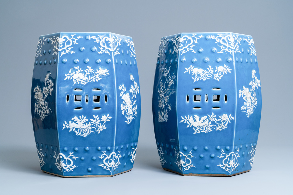 A pair of Chinese hexagonal blue-ground garden seats, 19th C.