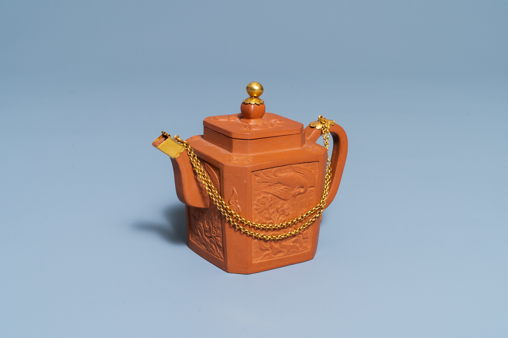 A Chinese gilt-mounted Yixing stoneware teapot and cover, Kangxi